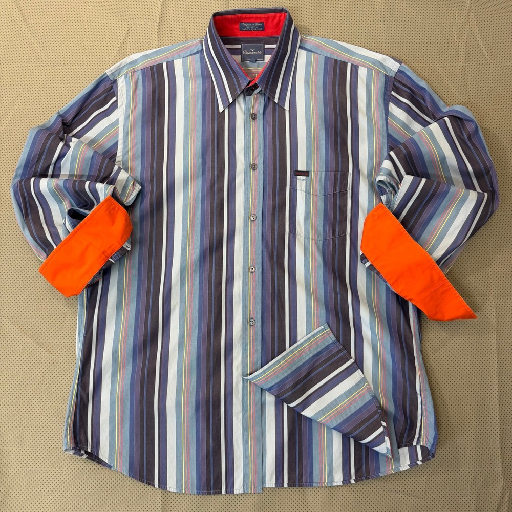 Faconnable Button Down Shirt Men XL Blue Striped Flip Cuff Vintage Hong Kong EUC